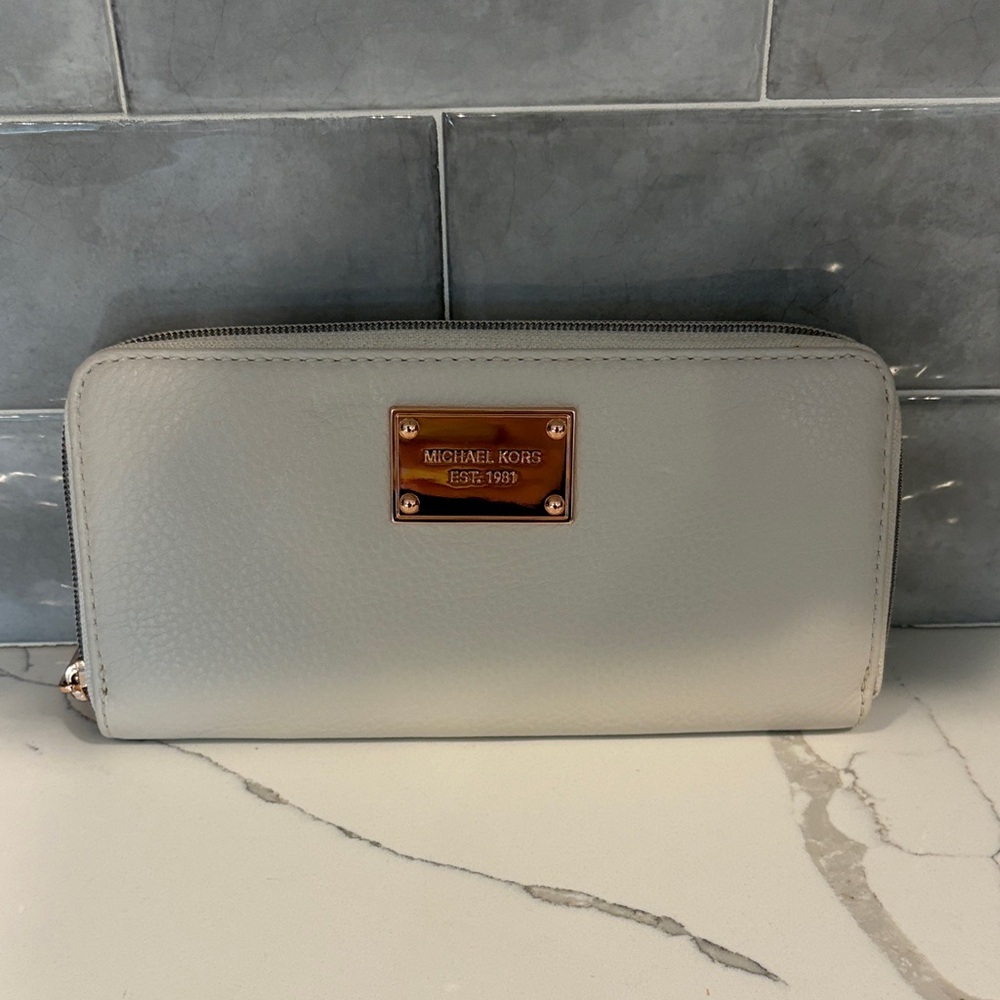 Michael Kors Light Gray Wallet with Gold Accents